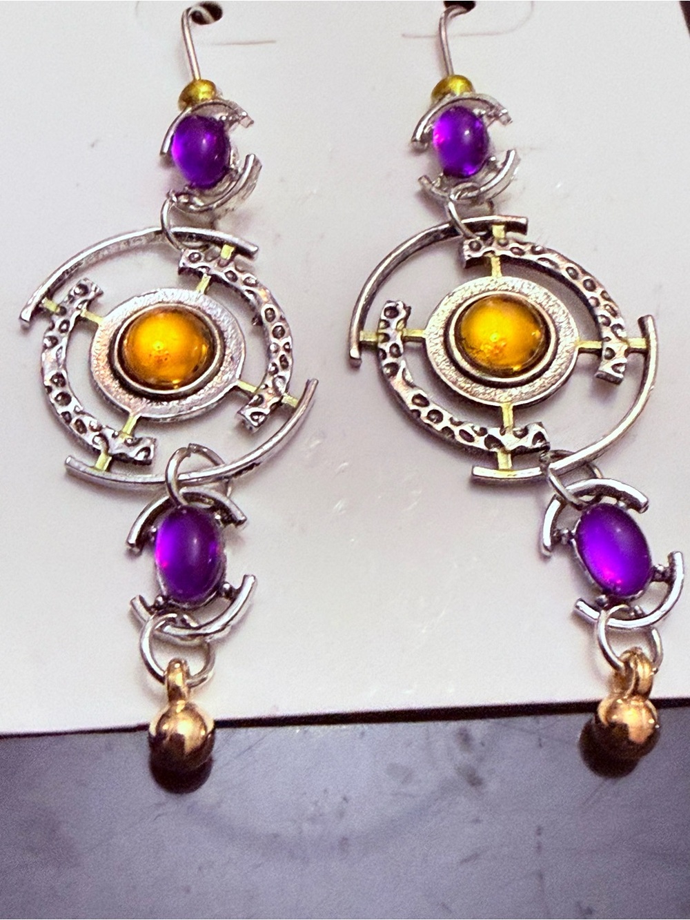 Silver-Tone Earrings with Purple and Amber Cabochons